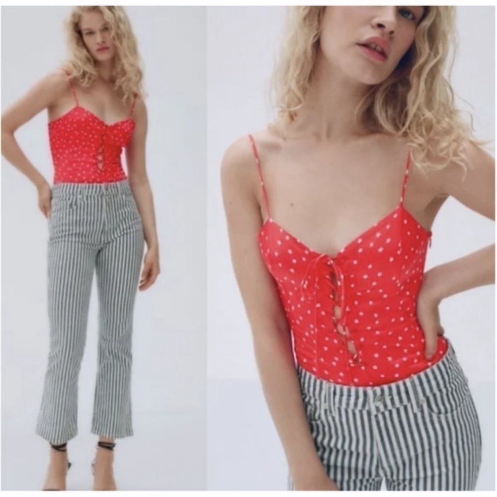 Zara bodysuit red white stars lace front tie detail corsette like July 4th sz sm
